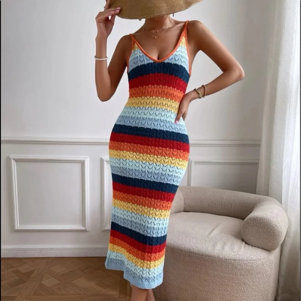 Boho Rainbow Color Block Knit Cami Dress NO BELT - Picture 5 of 7